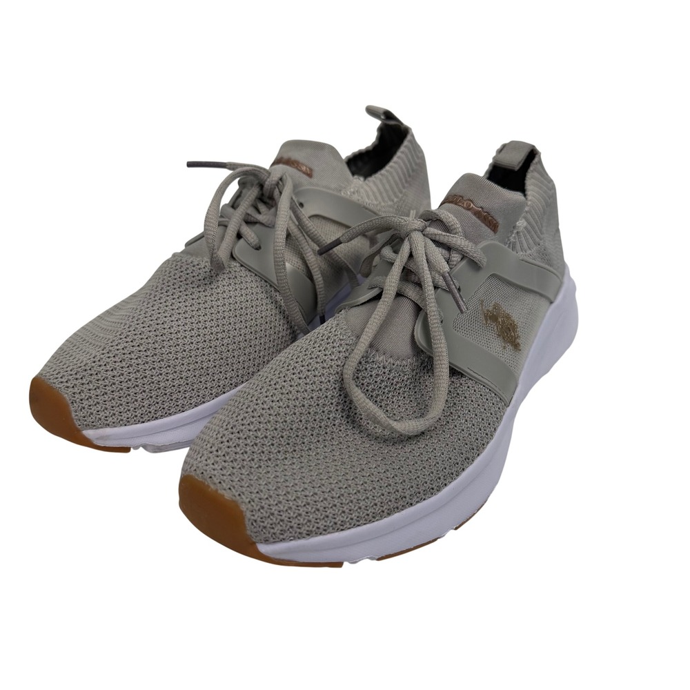 US‎ Polo Assn Mens 9 Sneakers Grey Knit Lace Up Trainers Gold Logo Gum Sole